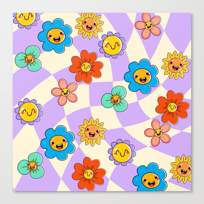 Bright Floral Smiley Purple Check Canvas Print