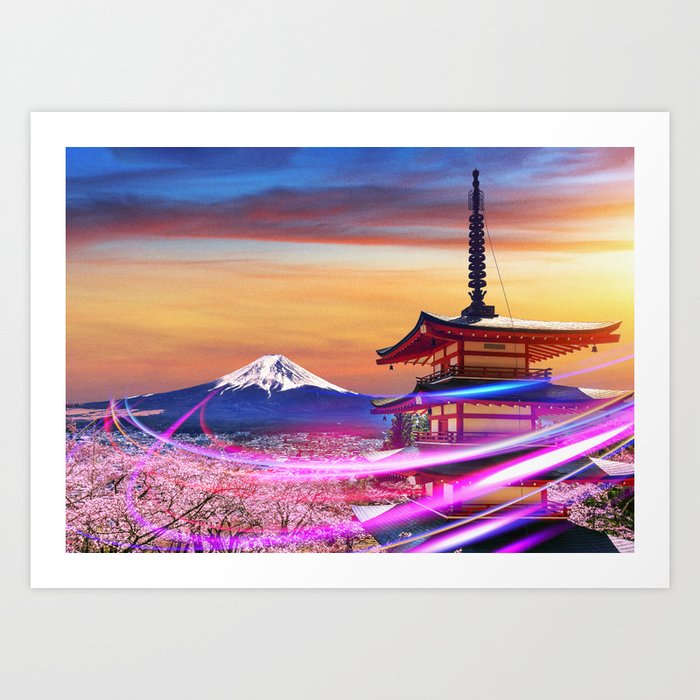 Neon city: Japan, Fuji mountain. Cherry blossoms, pagoda, sunset Art Print