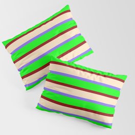 [ Thumbnail: Medium Slate Blue, Lime, Dark Red, and Bisque Colored Lines/Stripes Pattern Pillow Sham ]