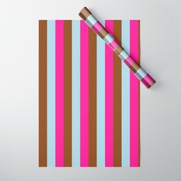 [ Thumbnail: Deep Pink, Brown, and Light Blue Colored Pattern of Stripes Wrapping Paper ]