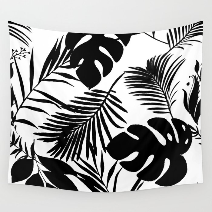 Black N White Monstera And Palm Leaves Wall Tapestry
